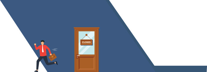 Business Closed Illustration Businessman Running Away From Closed Door Economic Downturn Financial Crisis Bankruptcy Concept