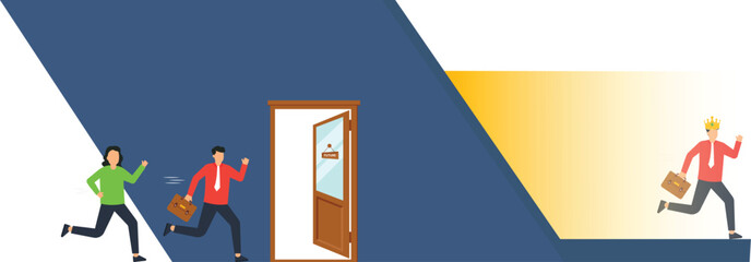 Business People Race to Future Door Success Concept Illustration, Leadership and Competition, Career Opportunity, Corporate Growth, Achieving Goals, Business Strategy