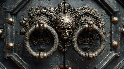 Ancient Black Door with Ornate Metal Ring Handles