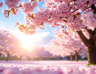Fototapeta premium Pink blossoms, sunlit trees