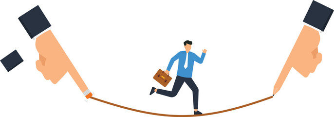Businessman Balancing on Tightrope Risk Management Concept Illustration, Business Challenge, Corporate Strategy, Financial Risk, Business Success, Problem Solving