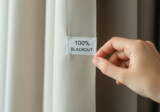 Hand holding a tag on beige 100% blackout curtains in room interior