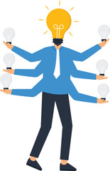 Creative Businessman with Multiple Arms Holding Light Bulbs Concept for Innovation and Ideas, Business Solutions, and Problem Solving