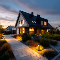 Modern single family house with illuminated garden path during sunset