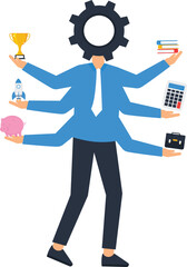 Multitasking Business Man with Gear Head Holding Success Symbols: Trophy, Rocket, Piggy Bank, Books, Calculator, Briefcase, Business Concept