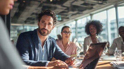 A high-resolution shot of an energetic business meeting with men and women of different ethnic backgrounds collaborating on laptops and tablets, open-plan office with natural daylight streaming 