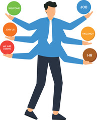 Recruitment and HR Concept Illustration: Multitasking Professional Offering Job Opportunities, Vacancies, and Welcome Message for Career Seekers and New Hires