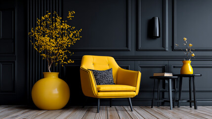3D rendering of a black panel wall with yellow decoration and an armchair in the interior design of a modern living room background mock-up