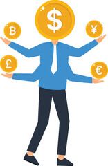 Financial Advisor Balancing Global Currency Bitcoin Dollar Euro Pound Yen Cryptocurrency Investment Illustration