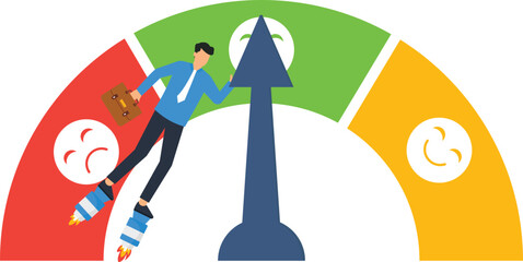 Business Performance Meter Illustration Businessman Flying Upward with Rocket Boots Achieving Success, Positive Results, Growth, and Progress