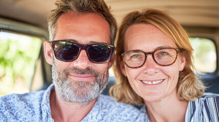 A smiling middle-aged couple wearing glasses sits closely together, enjoying a sunny day inside a vehicle.