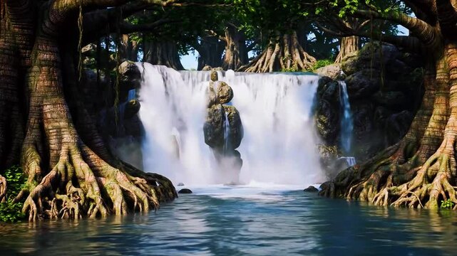 air terjun deras di area root entwined besar, pohon diameter besar, vegetasi statis, air smooth, Realistis, 3D look (cinematic), Statis (kamera diam), Smooth (gerakan tidak tersendat), 4K resolusi