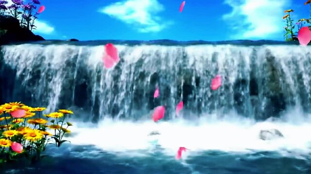 air terjun mengalir deras tampak percikan air di festival bunga air, kelopak jatuh diam, air mengalir, Realistis, 3D look (cinematic), Statis (kamera diam), Smooth (gerakan tidak tersendat), 4K