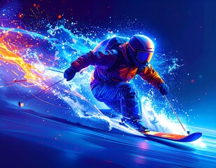 Futuristic Neon Skier Illustration. Abstract Winter Sports Concept