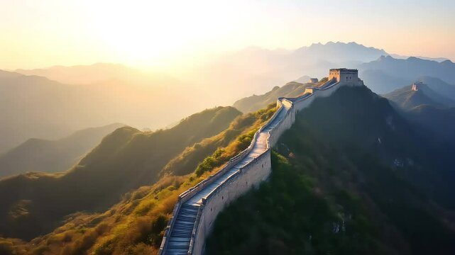 A slow, sweeping drone shot of the Great Wall stretching across the rugged mountainside, bathed in soft golden light during sunset