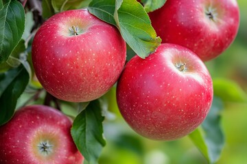 Fresh ripe red apples on tree branch with green leaves, symbolizing health, harvest, and natural sweetness