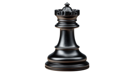 A detailed close up of a single black chess queen piece with a metallic finish isolated on transparent background