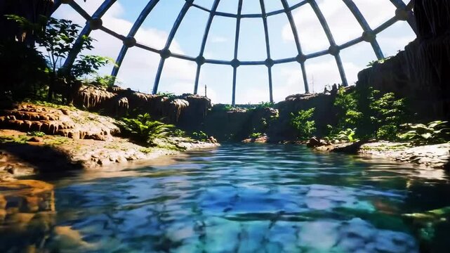 Sungai mini underground daylight dome, vegetasi stalagmit tepi, air mengalir tenang, Realistis, 3D look (cinematic), Statis (kamera diam), Smooth (gerakan tidak tersendat), 4K resolusi, Loopable
