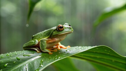 Obraz premium A vibrant green tree frog sits serenely on a large, dew-kissed leaf, perfectly framed by a lush, out-of-focus green background, highlighting its natural habitat