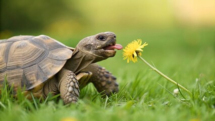 Obraz premium A charming tortoise enjoys a fresh yellow dandelion, captured in crisp detail amidst vibrant green grass, symbolizing healthy eating and a peaceful outdoor life