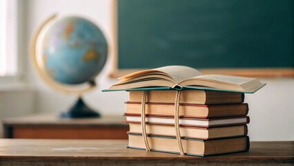This close-up beautifully showcases an open book resting on two other books, with a soft-focus background of school supplies, conveying a strong message of academic focus