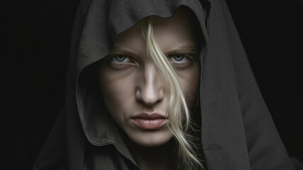 Young woman with blonde hair wearing hood and intense expression  