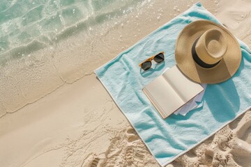 overhead view of sandy beach with towel, sunglasses, sunscreen, and a book