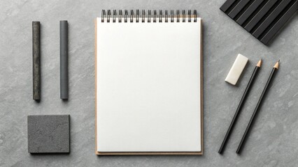 A clean, minimalist flat lay showcasing a spiral-bound notebook with blank pages at the center, surrounded by various black and gray stationery items including pencils, a pen, an eraser
