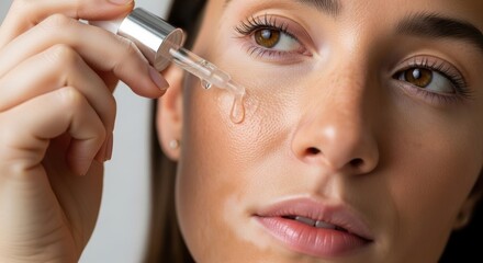 Young caucasian female applying serum for skincare routine close-up