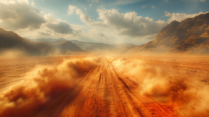 Thunderous speed across desert terrain. Off-road vehicles generate immense dust trails in a vast arid landscape. Ideal for motorsports, adrenaline themes, and travel promotions.
