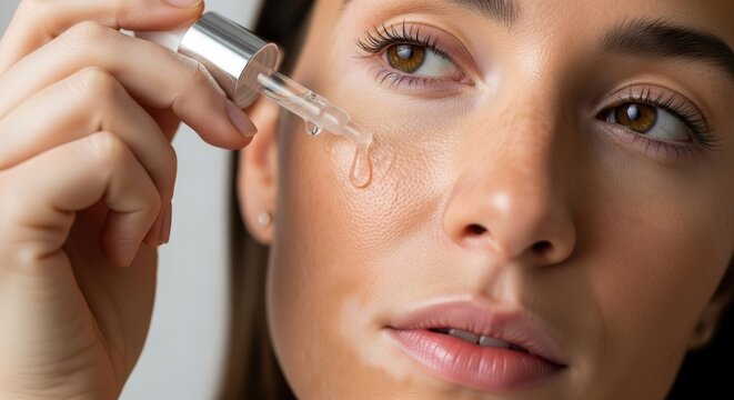Young caucasian female applying serum for skincare routine close-up