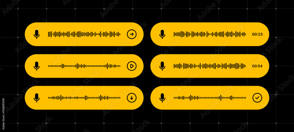 Poster voice message equalizer vector set with speech bubble and microphone symbol. audio waves graphic for