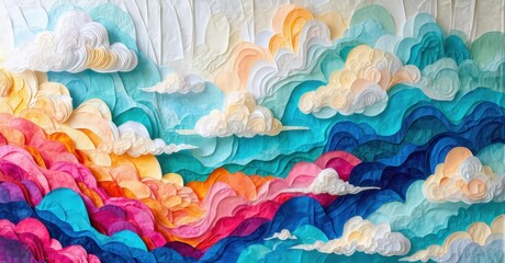 Abstract paper clouds create vibrant seascape. Layers blend blues, pinks, yellows, whites. Texture suggests waves, sky, dreamlike quality.