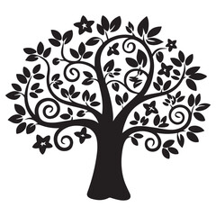 Silhouette of an apple tree with curly roots and fruits