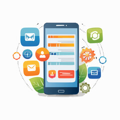 Colorful mobile application with icons and elements illustrating digital technology