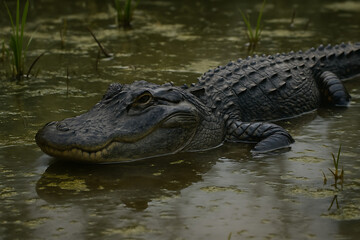 Obraz premium Alligator partially submerged in murky, green-brown water