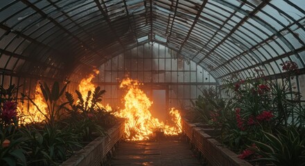 Burning greenhouse: A dramatic scene of destruction and loss within a glass structure