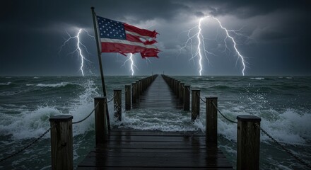 Dramatic seascape featuring the american flag a pier and vivid lightning strikes in dark skies