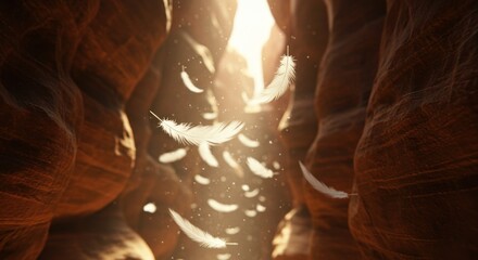 Dreamy canyon with gentle sunlight and falling feathers in a desert landscape