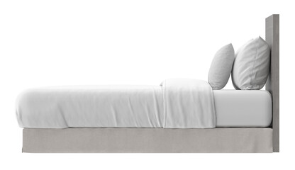Side profile view of a minimalist single bed with a light wood headboard and beige upholstered base, isolated. 3D render.