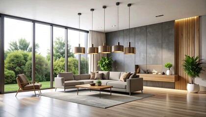 Fototapeta premium Modern living room with large windows