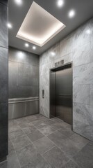 Modern elevator lobby showing recessed lighting and marble tiles, creating a sophisticated and elegant atmosphere for business or upscale residential building
