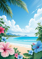 Fototapeta premium This exotic landscape showcases a sunny sandy beach framed by lush greenery and intensely colorful, beautiful blooms.