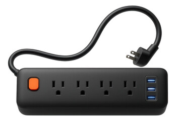 Power strip surge protector with USB ports for charging devices in a living room.