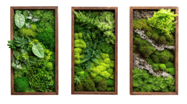 Wooden frames displaying preserved moss and fern specimens, creating verdant wall decor against translucent background, highlighting botanical design elements