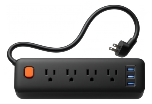 Power strip surge protector with USB ports for charging devices in a living room.