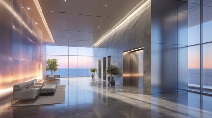 Contemporary office reception area with sleek concrete flooring, minimalist seating, glass elevators revealing panoramic sunset ocean vistas through expansive windows