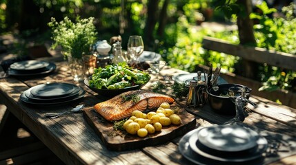 Salmon and Potatoes Served on Rustic Wooden Table Outdoors