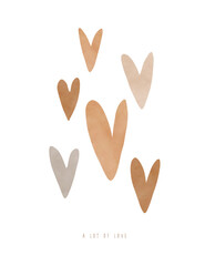 Simple Scandinavian Style Vector Illustration with Hearts. Romantic Print with Brown Hearts Isolated on a White Background. Valentine's Day Card. A lot Of Love. Gender Neutral Colors. 