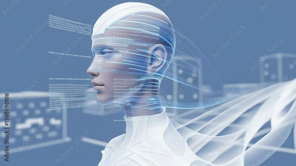 Poster futuristic humanoid robot with digital interface, showcasing advanced technology and artificial inte